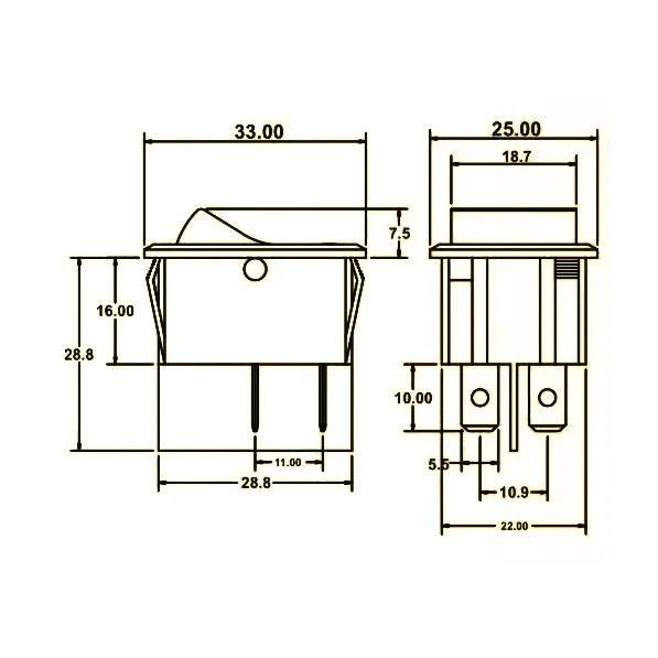 16A 250V AC DPST ON-OFF Rocker Switch — Power & Components — Back view
