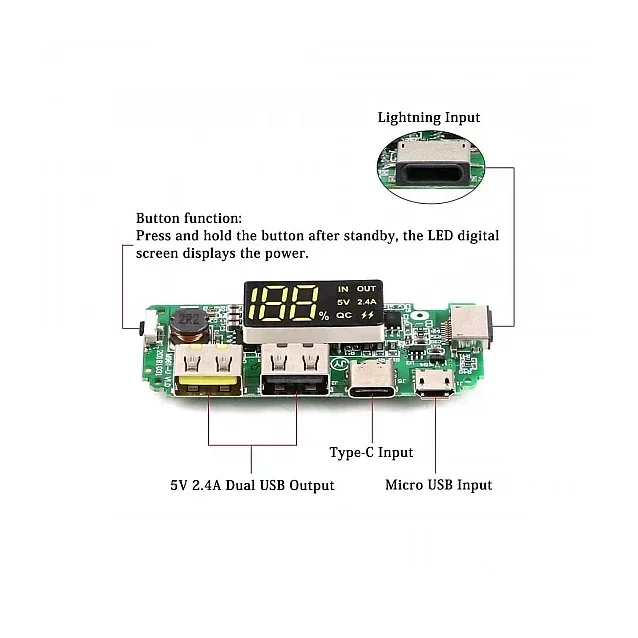 5V 2.4A Lithium Battery Digital Display Charging Module with Dual USB Power Bank Module — Power & Components — Back view