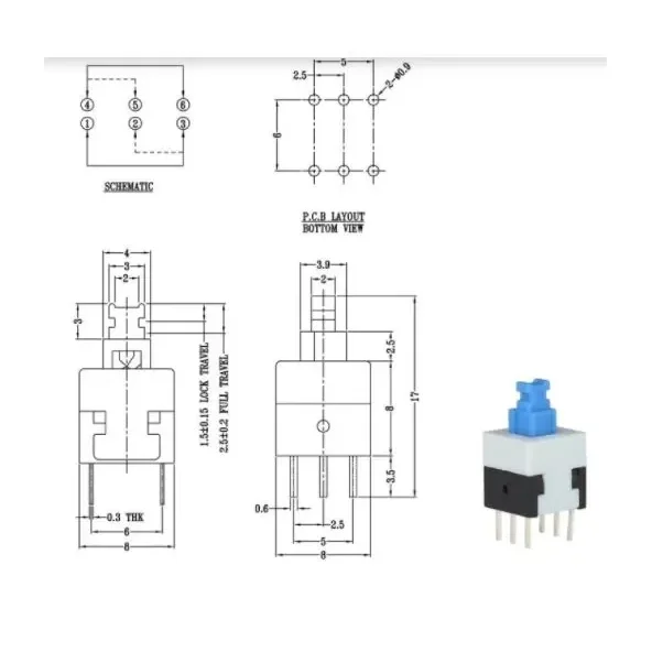 7mm 6 Pin DPDT Self-Lock Push Button Switch E-Switch TL2201EEYA — Power & Components — Detail / close-up