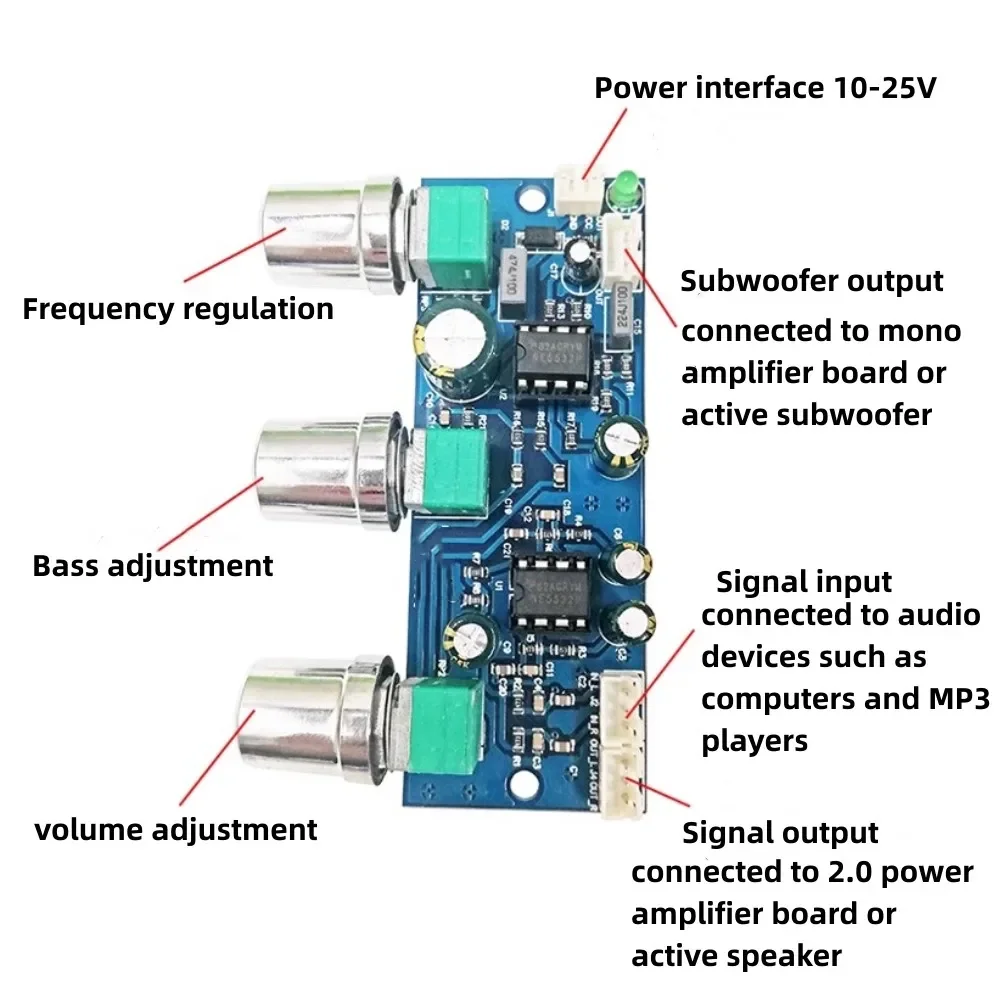 NE5532 2.1 Channel Tone Preamplifier Board Audio Equalizer Subwoofer Preamp Tone Control Bass Pre Amplifier DC10-24V — Display & Communication — Pinout diagram