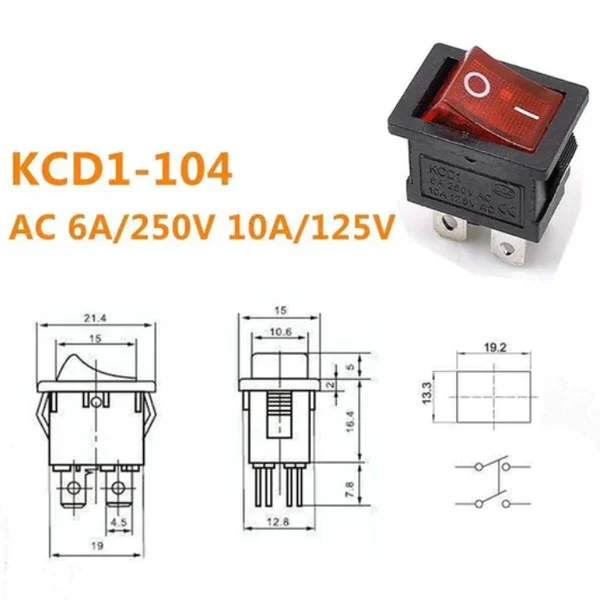 6A 250V SPDT ON/OFF Rocker Switch with Indicator Light Panel Mount 4 Pin — Power & Components — Back view