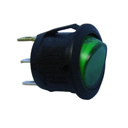 RS 13 Green Light 3 Pin On/Off Rocker Switch – 6A 250VAC SPDT Standard Plastic Switch — Power & Components — Detail / close-up