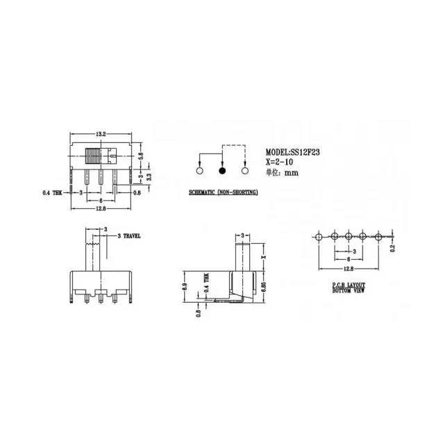 SS12F23 On-Off Right Angle Slide Switch – 3 Legs — Power & Components — Back view