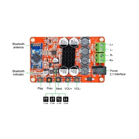 TDA7492P 50W Wireless Digital Audio Receiver Amplifier Board — Display & Communication — Pinout diagram