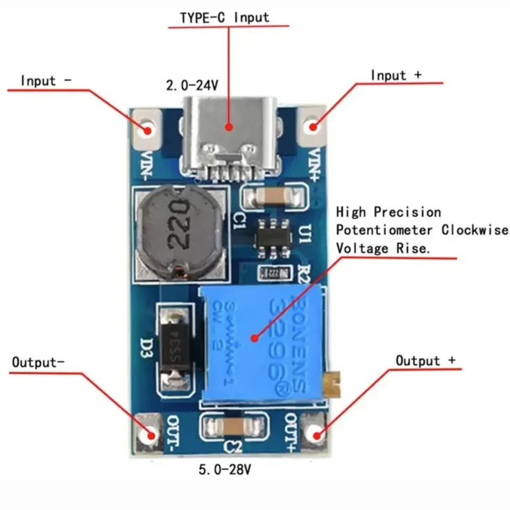 Type-C MT3608 Adjustable Dc to Dc Converter 2-24V to 5V-28V 2A — Power & Components — Back view