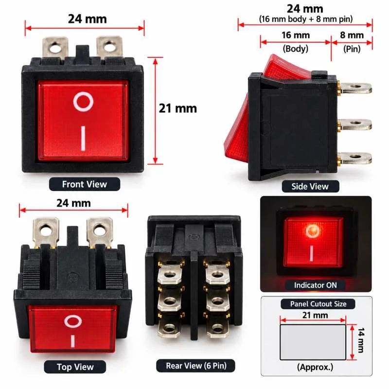 UPS Rocker Switch Red 6 Pin ON-OFF-ON with Indicator — Power & Components — Back view