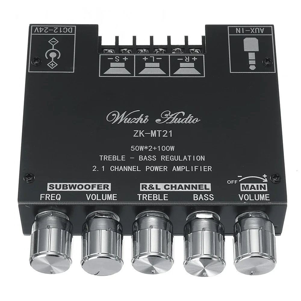 Wuzhi Audio ZK-MT21 Bluetooth 5.0 Subwoofer Amplifier Board 50WX2+100W 2.1 Channel Power Audio Stereo Amplifier Tone Board Bass AMP AUX — Display & Communication — Back view