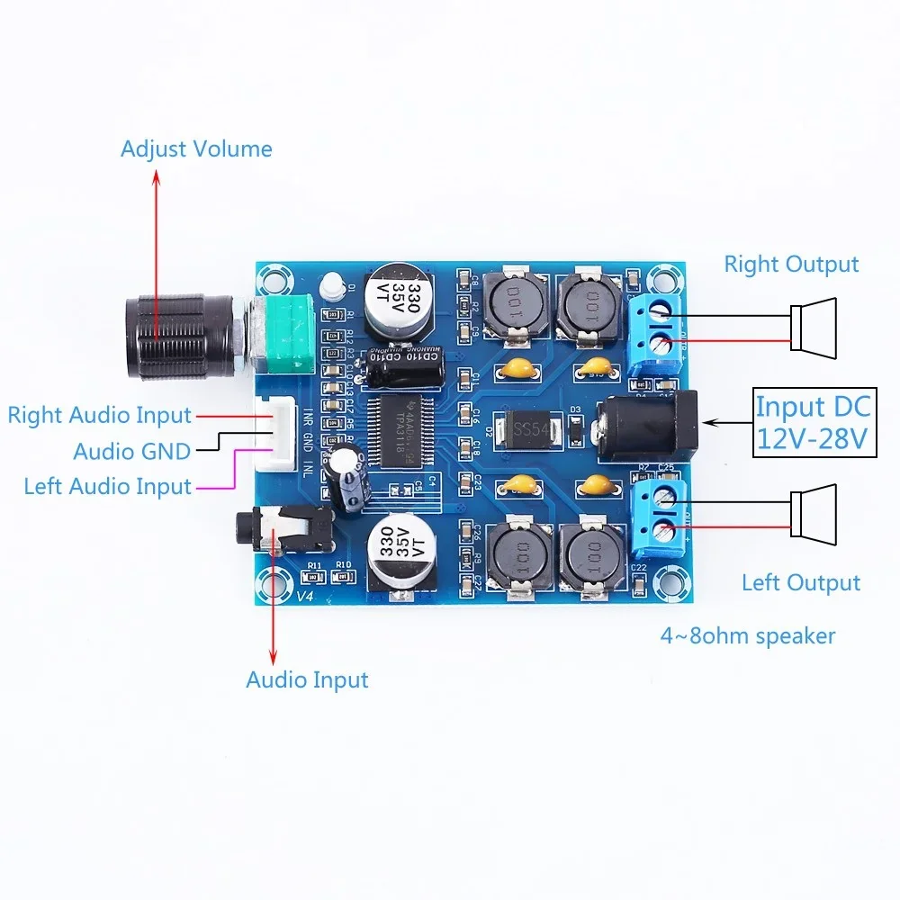 XH-M312 TPA3118D2 45W*2 Digital Amplifier Board Dual Channel Audio Amplifier Board Module — Display & Communication — Pinout diagram